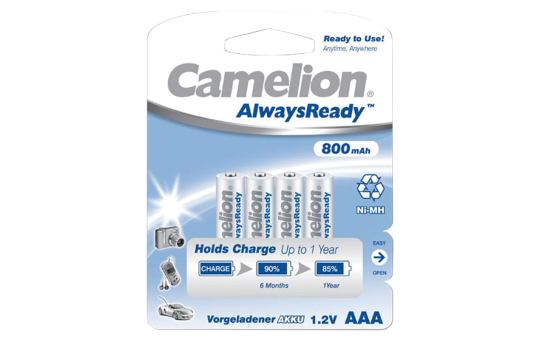 Micro-Akku CAMELION AlwaysReady, NiMH, 800 mAh, Typ AAA, 4er-Blister