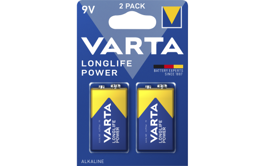 9V-Block Batterie VARTA Longlife Power Alkaline, 6LR61, 2er Blister