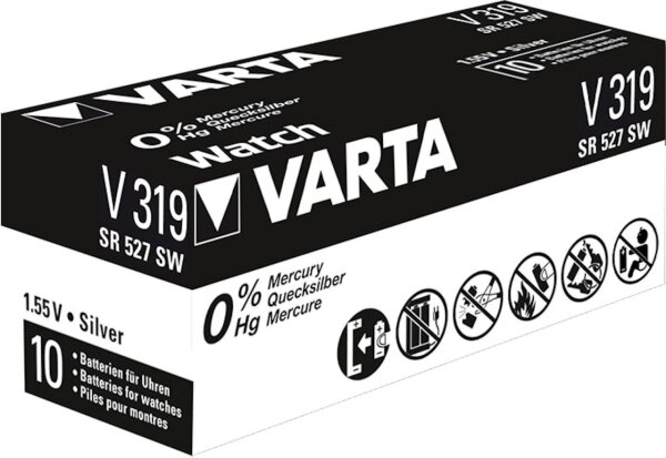 Varta 10x Watch V 319 Uhrenzelle Knopfzelle SR 527 SW V319 Silber-Oxid 22mAh 1,55 V 1er Blister V 319