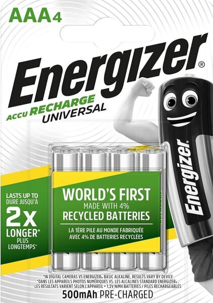 Energizer 3x Recharge Universal AAA 500 mAh Akku 4er Blister NiMh Micro Accu 1,2V, HR03 E301375700