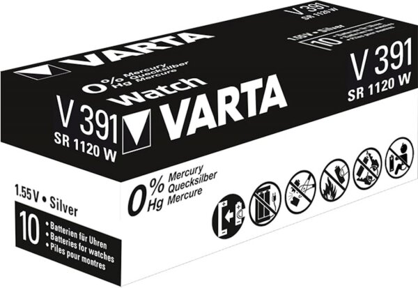 Varta 10x Watch V 391 Uhrenzelle SR 1120 W V391 (SR55) Silber-Oxid Knopfzelle 40mAh 1,55 V 1er Blister V 391