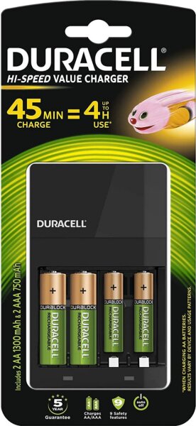 Duracell 1x Speed-Lader 4 Std + 2x AA Akku 1300 mAh + 2x AAA Akku 750 mAh im Blister Ladegerät CEF14