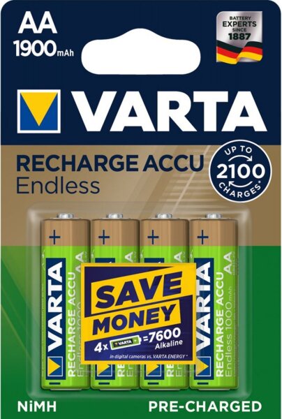 Varta 5x RECHARGE ACCU Endless AA 1900 mAh Akku NiMH 1,2V bis zu 2.100x wiederaufladbar Vorgeladen 4er Blister 56676