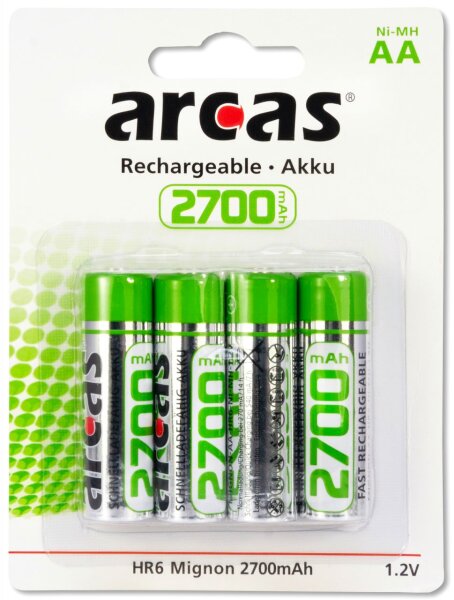 Arcas Wiederaufladbare Akkus Ni-MH AA 4er Blister 2700mAh 1,2V IEC Kennzeichnung HR6 177 27406