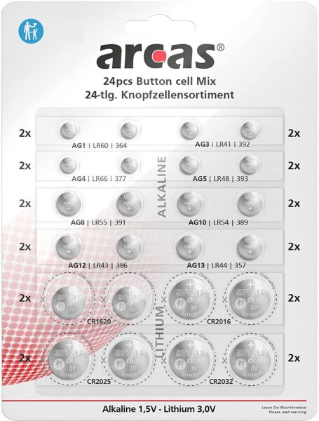 Arcas Knopfzellensortiment 24-teilig AG Alkaline Knopfzellen 1,5V und CR Lithium Knopfzellen 3,0V (2x AG1 / 2x AG3 / 2x AG4 / 2 x AG5 / 2x AG8 / 2x AG10/ 2x AG12 / 2x AG13 / 2x CR1620 / 2x CR2016 / 2x CR2025 / 2x CR2032) 127 52400