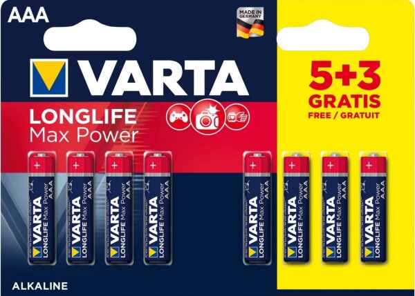 Varta 20x Longlife Max Power 8er Blister AAA Alkaline 1,5V LR03 Micro Ministilo MN2400 ehem. Max Tech 4703