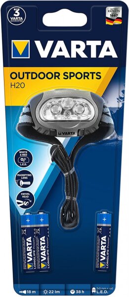 Varta 4x Outdoor Sports H20 Stirnlampe Multifunktions-Kopfleuchte mit 4 High-End LEDs, 2-Stufen-Schaltfunktion, 3x weis 1x rot Kopflampe 17631