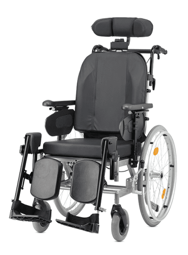 Multifunktionsrollstuhl PROTEGO mit Trommelbremse Kopfstütze,Knie-Polster,PU,Dartex,silber>>>>SB 39 cm
